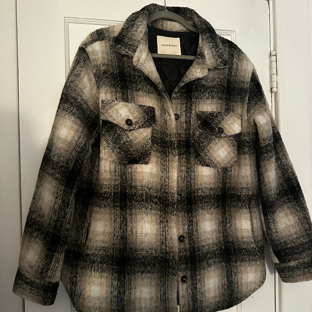 Vici Women's Black, Beige and Gray Plaid Shacket